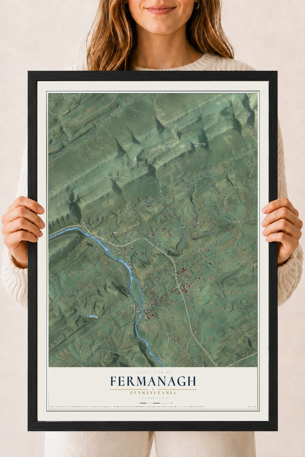 Map of Fermanagh, Pennsylvania, 18 x 24 inch print in a black wood frame