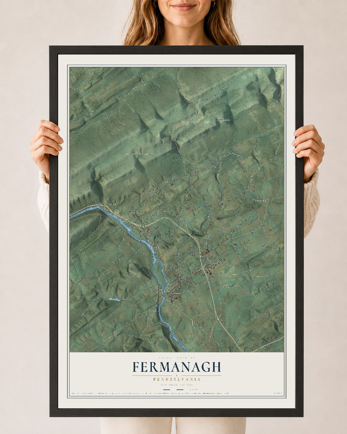 Map of Fermanagh, Pennsylvania, 24 x 36 inch print in a black wood frame