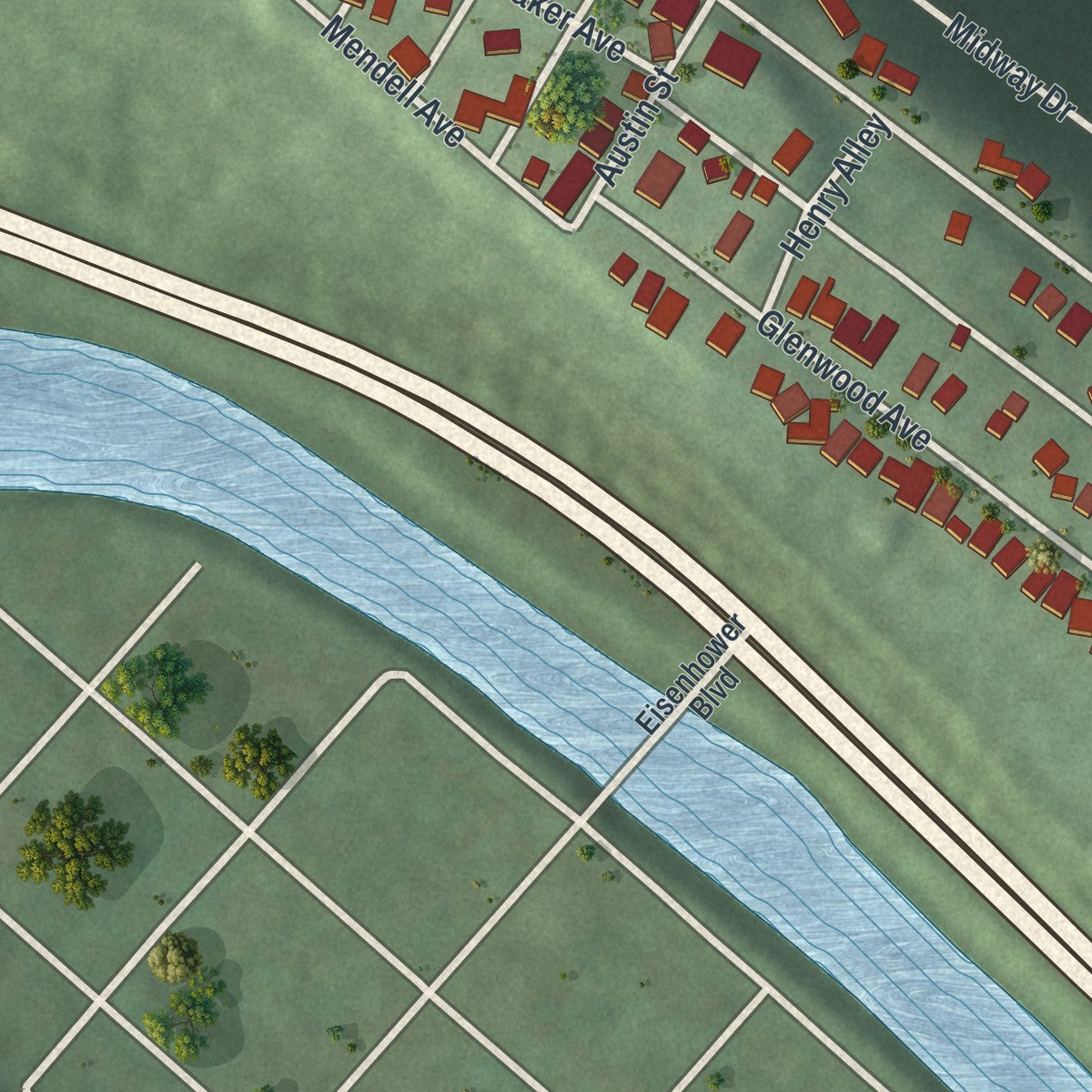 Second close-up of the map of Ferndale, Pennsylvania print showing more streets and buildings