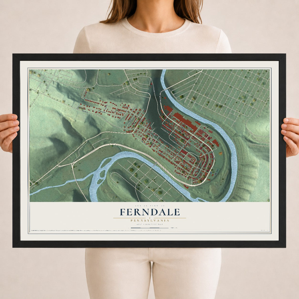 Map of Ferndale, Pennsylvania, 18 x 24 inch print in a black wood frame