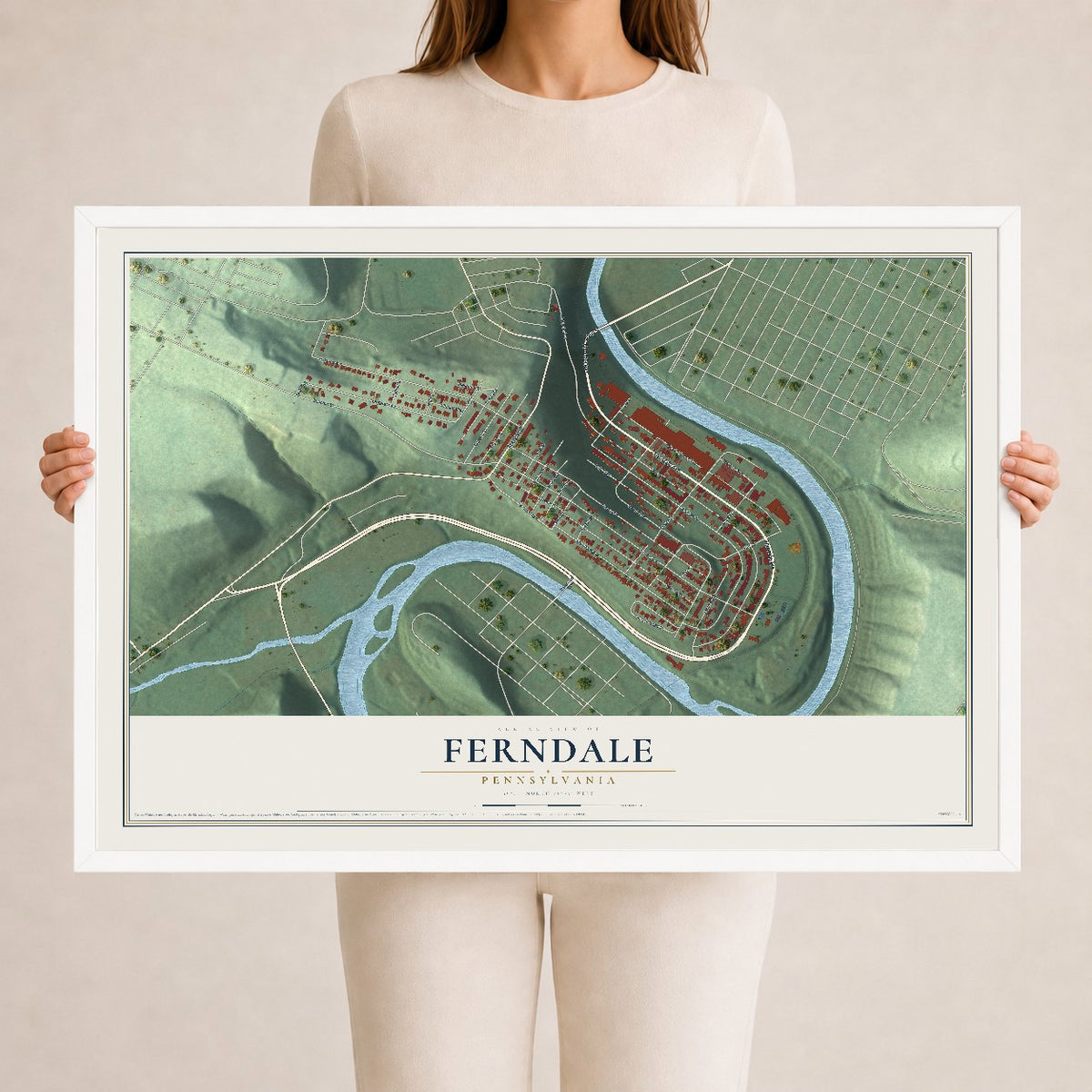 Map of Ferndale, Pennsylvania, 24 x 36 inch print in a white wood frame