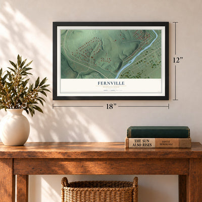 Fernville, Pennsylvania map, 12 x 18 inch print in a black frame in an entryway
