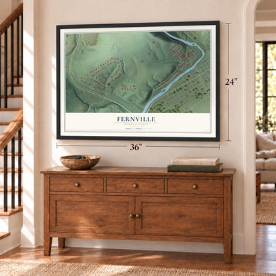 Fernville, Pennsylvania map, 24 x 36 inch print in a black frame above a dresser by a staircase