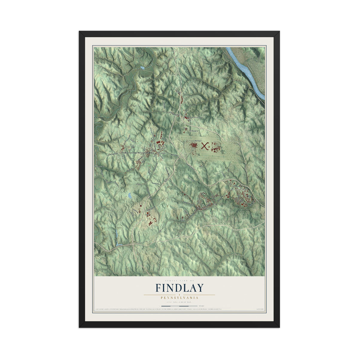 Map of Findlay, Pennsylvania, 12 x 18 inch print in a black wood frame