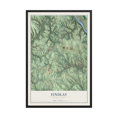 Map of Findlay, Pennsylvania, 12 x 18 inch print in a black wood frame
