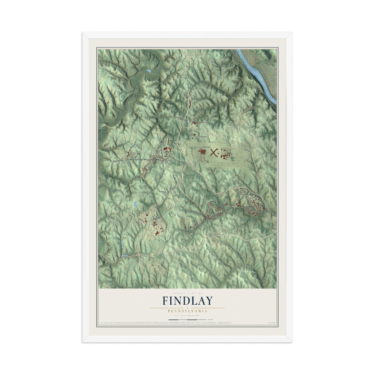 Map of Findlay, Pennsylvania, 12 x 18 inch print in a white wood frame