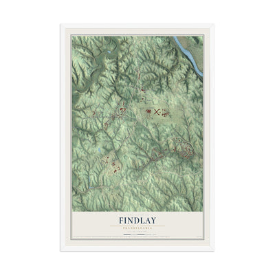 Map of Findlay, Pennsylvania, 12 x 18 inch print in a white wood frame