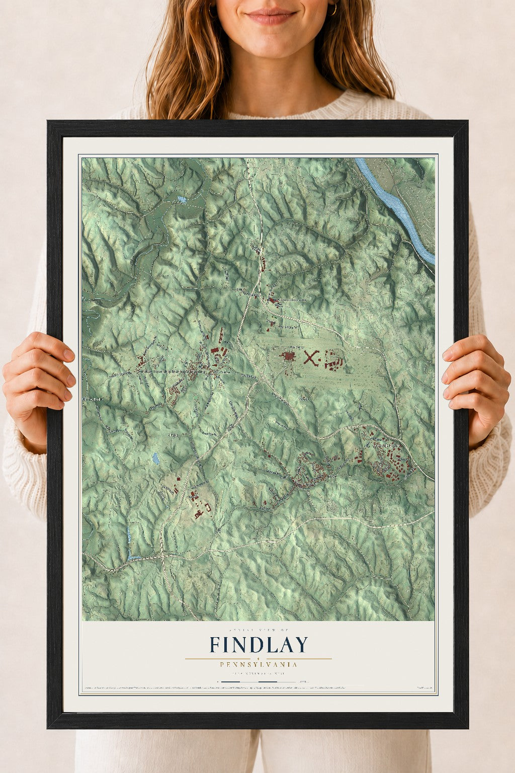 Map of Findlay, Pennsylvania, 18 x 24 inch print in a black wood frame