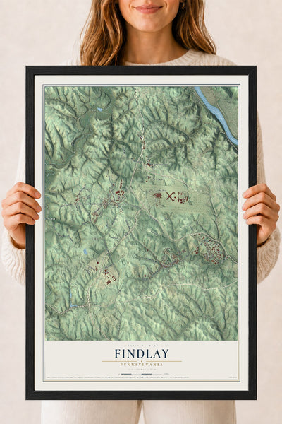 Map of Findlay, Pennsylvania, 18 x 24 inch print in a black wood frame