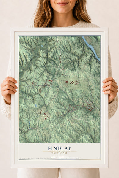 Map of Findlay, Pennsylvania, 18 x 24 inch print in a white wood frame