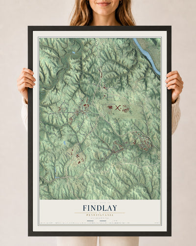 Map of Findlay, Pennsylvania, 24 x 36 inch print in a black wood frame
