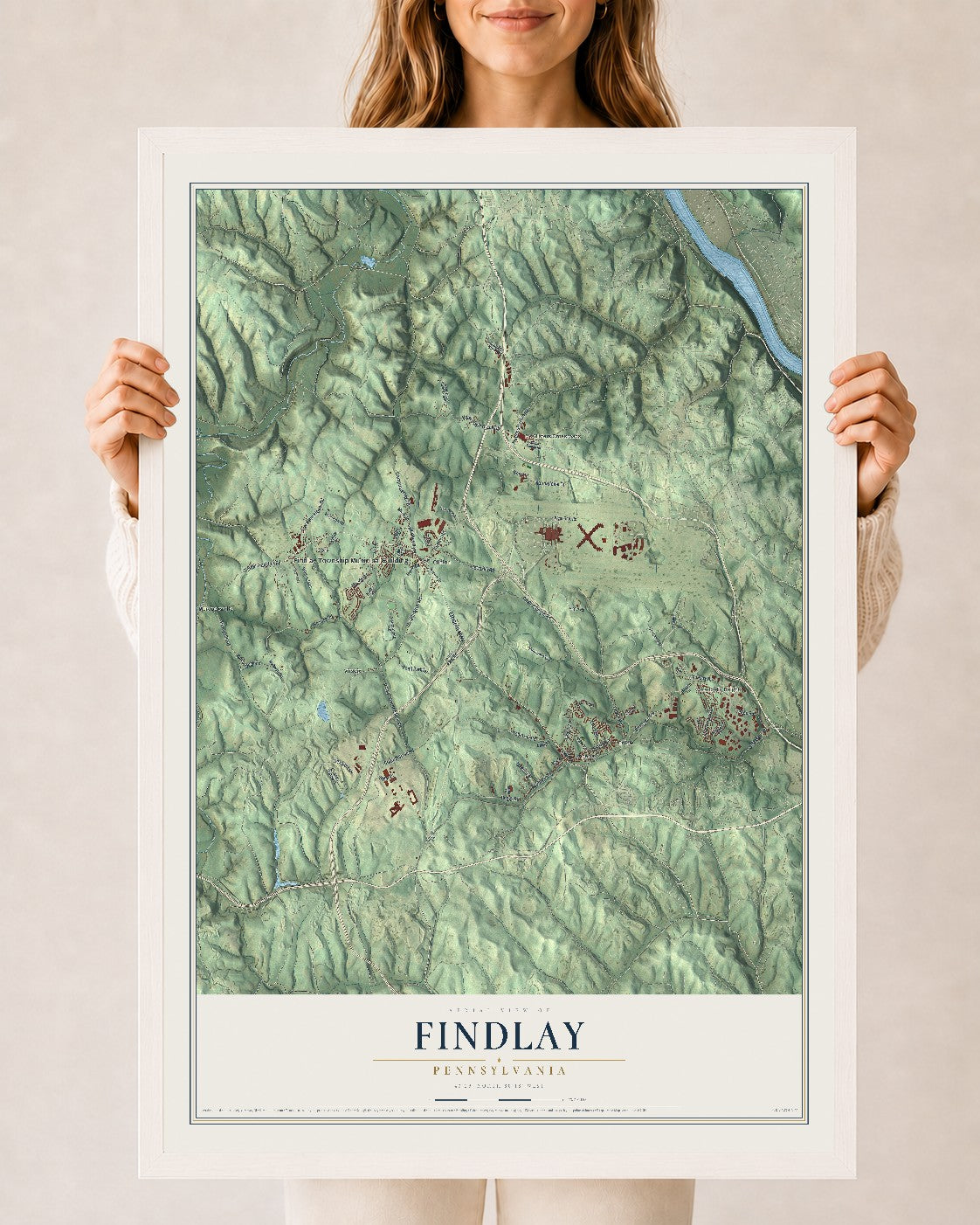 Map of Findlay, Pennsylvania, 24 x 36 inch print in a white wood frame