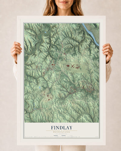Map of Findlay, Pennsylvania, 24 x 36 inch print in a white wood frame