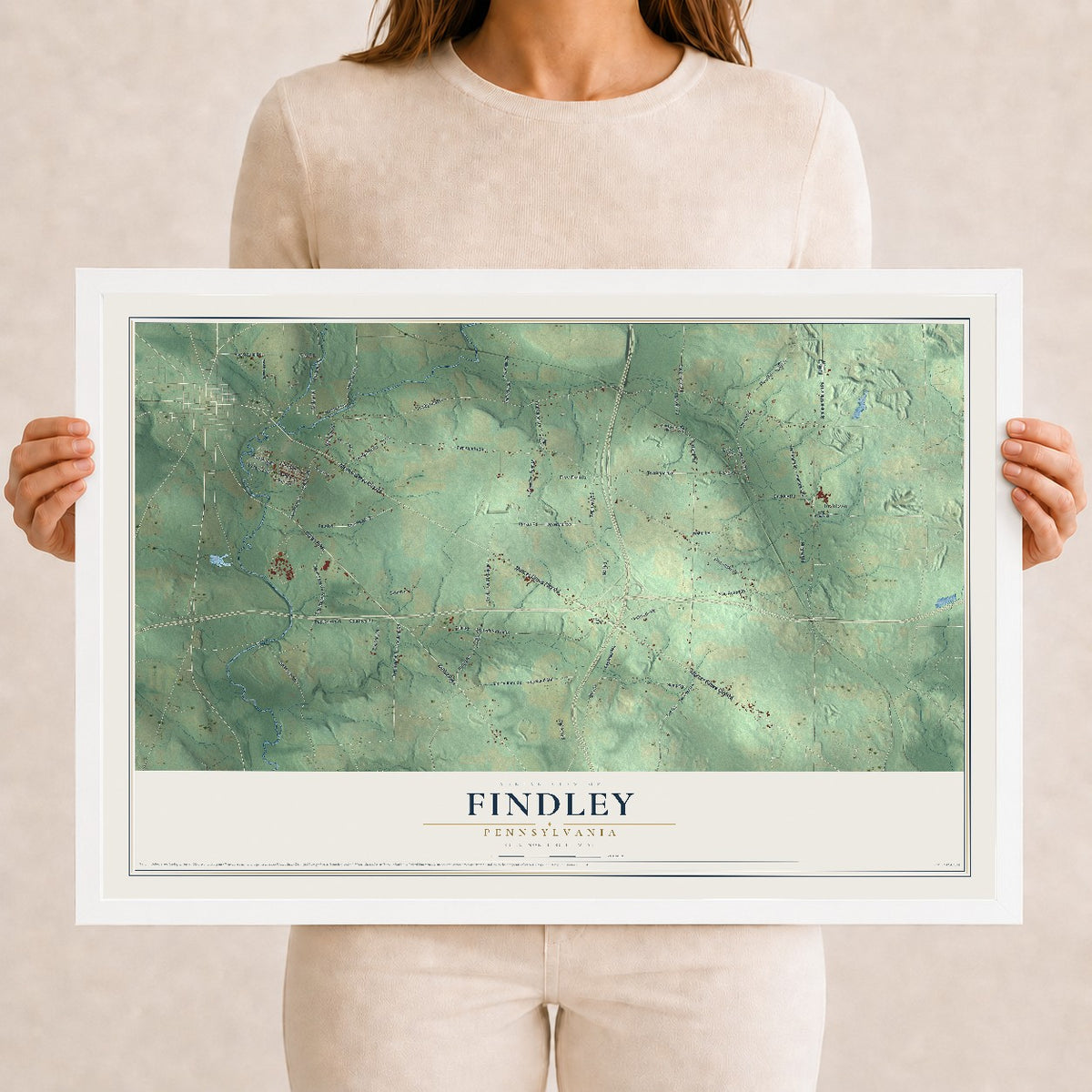 Map of Findley, Pennsylvania, 12 x 18 inch print in a white wood frame