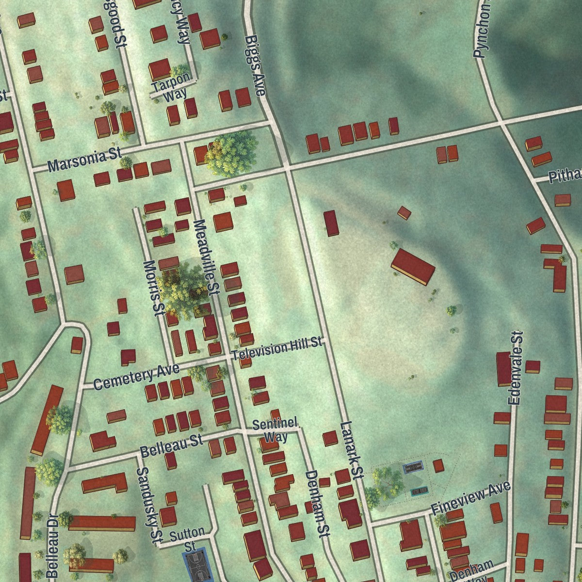 Second close-up of the map of Fineview, Pennsylvania print showing more streets and buildings