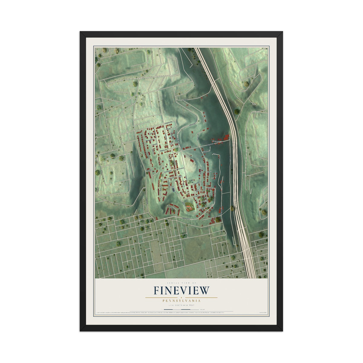 Map of Fineview, Pennsylvania, 12 x 18 inch print in a black wood frame