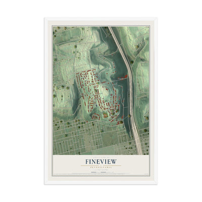 Map of Fineview, Pennsylvania, 12 x 18 inch print in a white wood frame