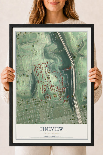 Map of Fineview, Pennsylvania, 18 x 24 inch print in a black wood frame