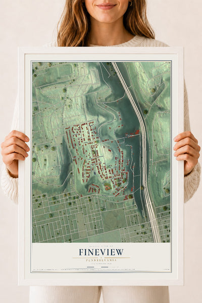 Map of Fineview, Pennsylvania, 18 x 24 inch print in a white wood frame