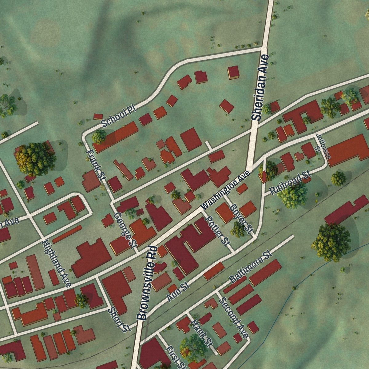 Close-up of the map of Finleyville, Pennsylvania print showing street and building detail