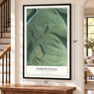 Fisherville, Pennsylvania map, 24 x 36 inch print in a black frame by a staircase