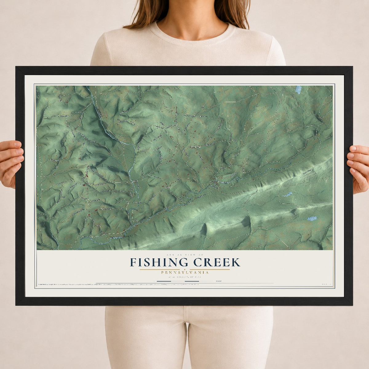 Map of Fishing Creek, Pennsylvania, 18 x 24 inch print in a black wood frame