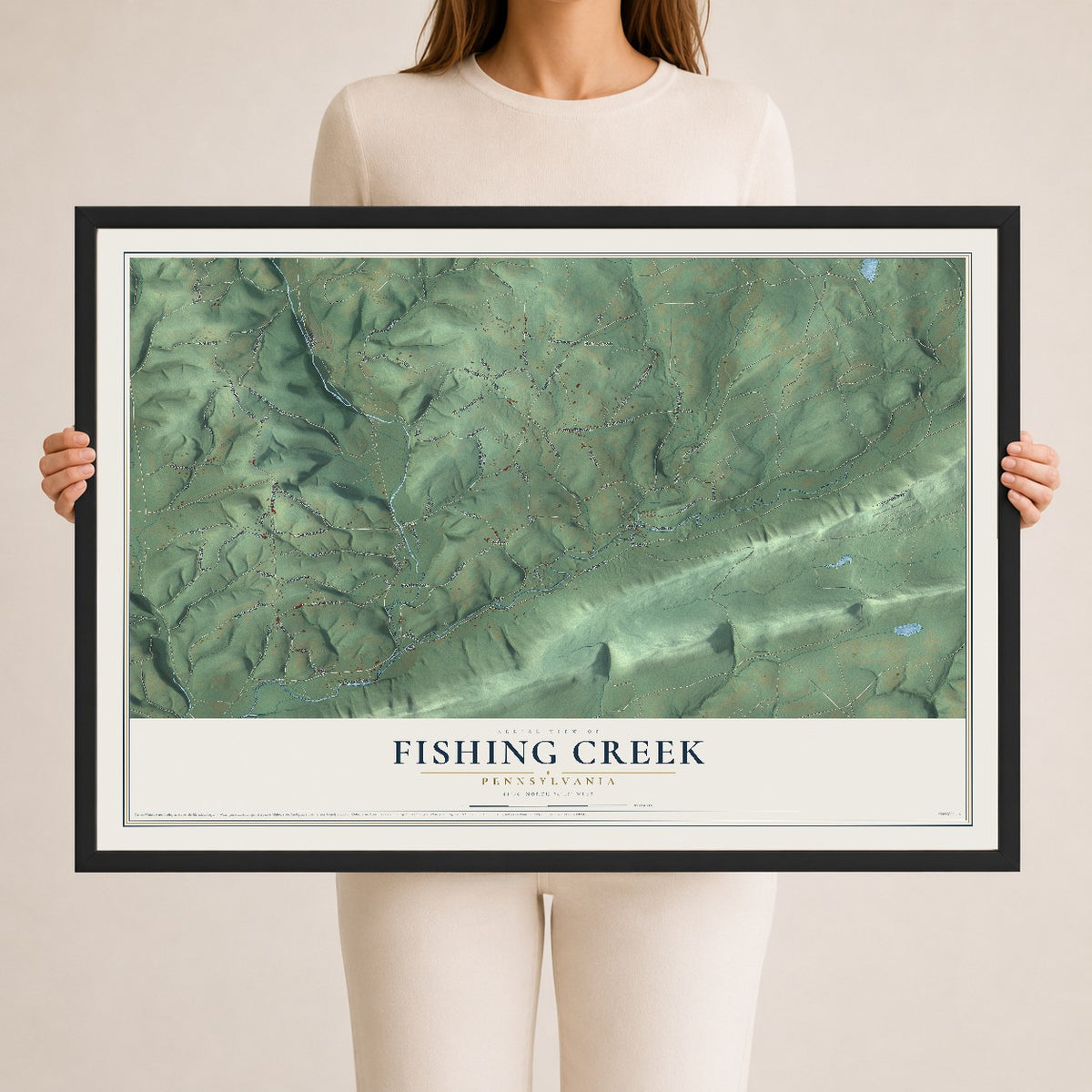 Map of Fishing Creek, Pennsylvania, 24 x 36 inch print in a black wood frame