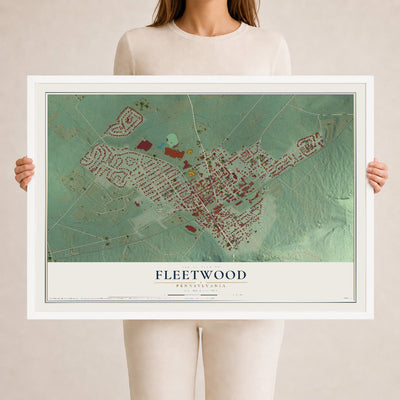 Map of Fleetwood, Pennsylvania, 24 x 36 inch print in a white wood frame