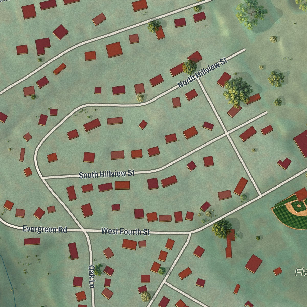 Second close-up of the map of Flemington, Pennsylvania print showing more streets and buildings