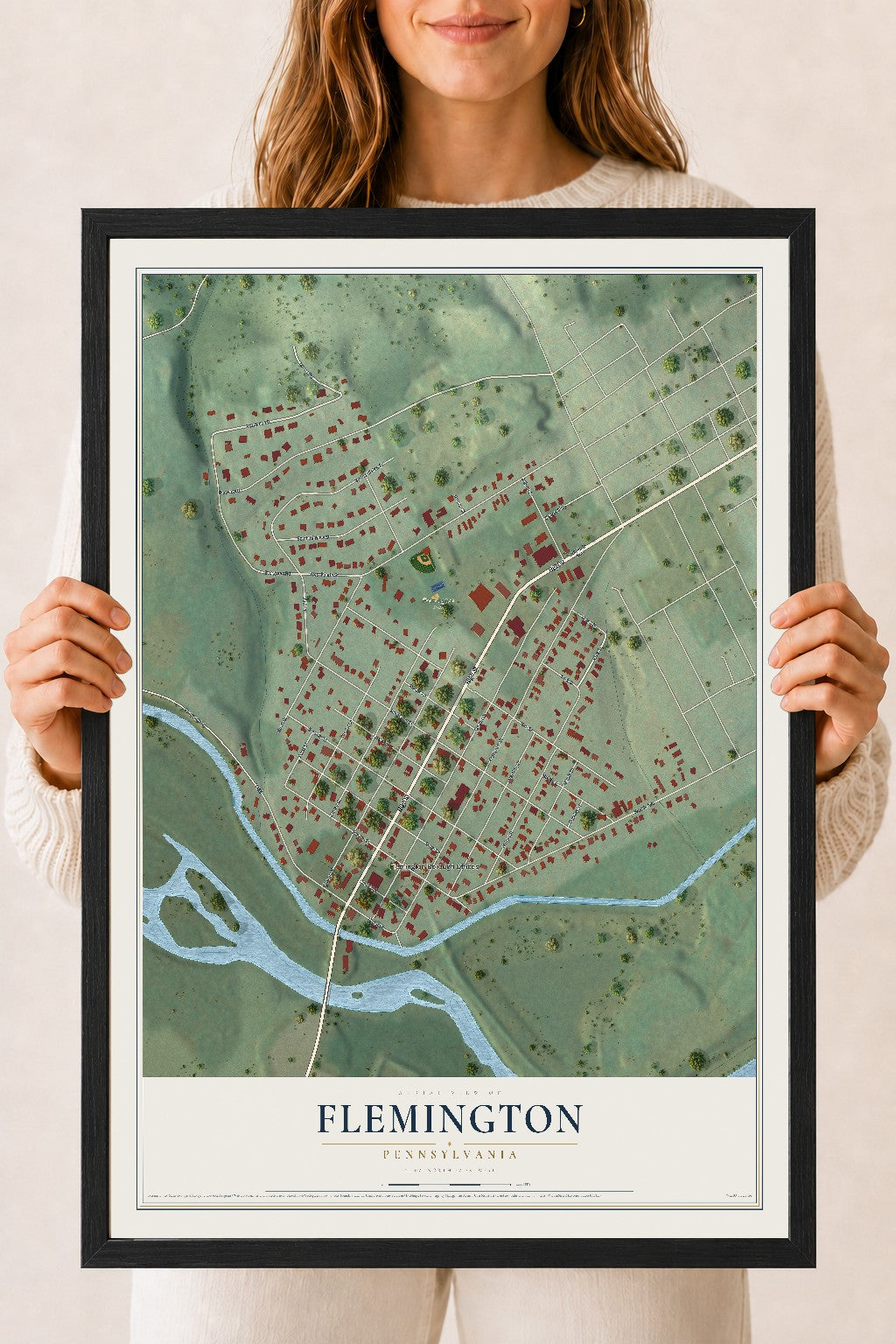 Map of Flemington, Pennsylvania, 18 x 24 inch print in a black wood frame