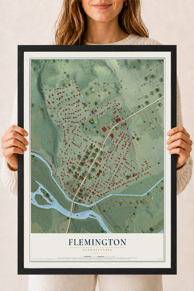 Map of Flemington, Pennsylvania, 18 x 24 inch print in a black wood frame