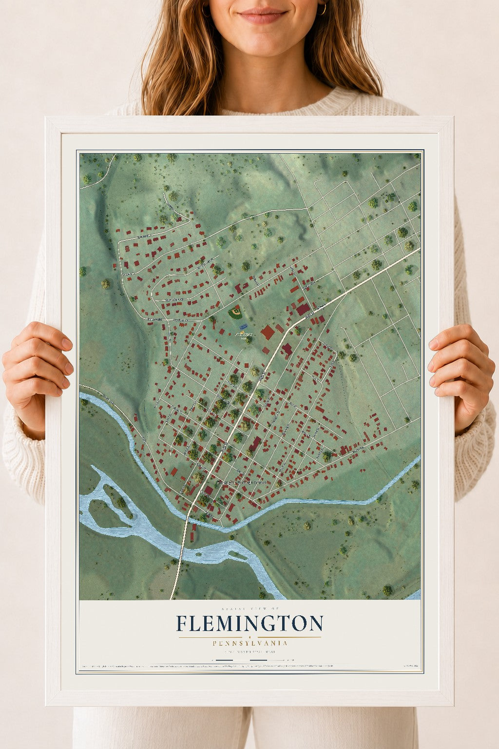 Map of Flemington, Pennsylvania, 18 x 24 inch print in a white wood frame