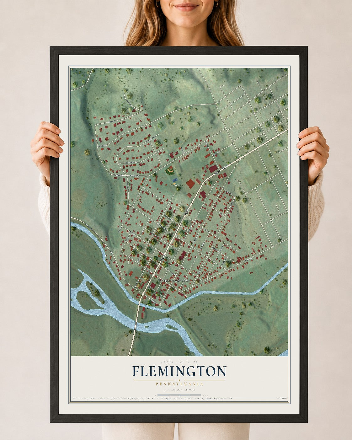 Map of Flemington, Pennsylvania, 24 x 36 inch print in a black wood frame