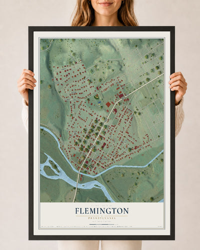 Map of Flemington, Pennsylvania, 24 x 36 inch print in a black wood frame