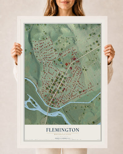 Map of Flemington, Pennsylvania, 24 x 36 inch print in a white wood frame