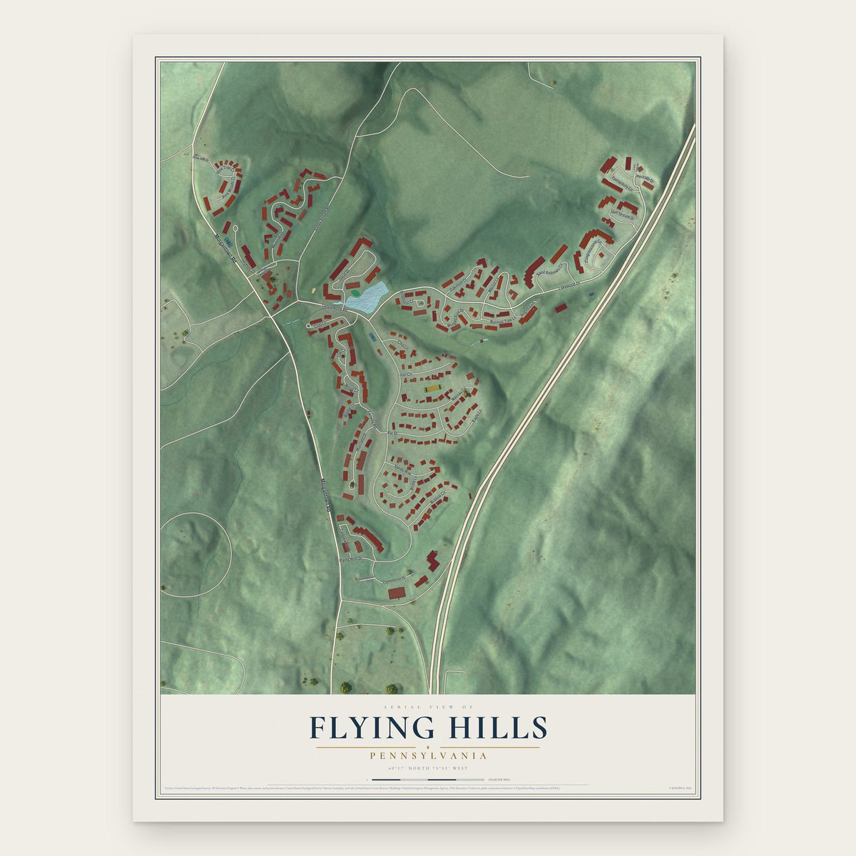 Flying Hills, Pennsylvania map print, the full design