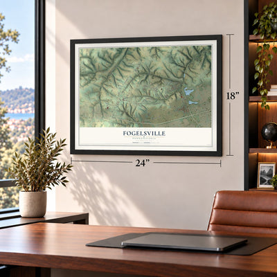 Fogelsville, Pennsylvania map, 18 x 24 inch print in a black frame in a home office