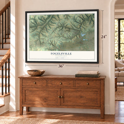 Fogelsville, Pennsylvania map, 24 x 36 inch print in a black frame above a dresser by a staircase