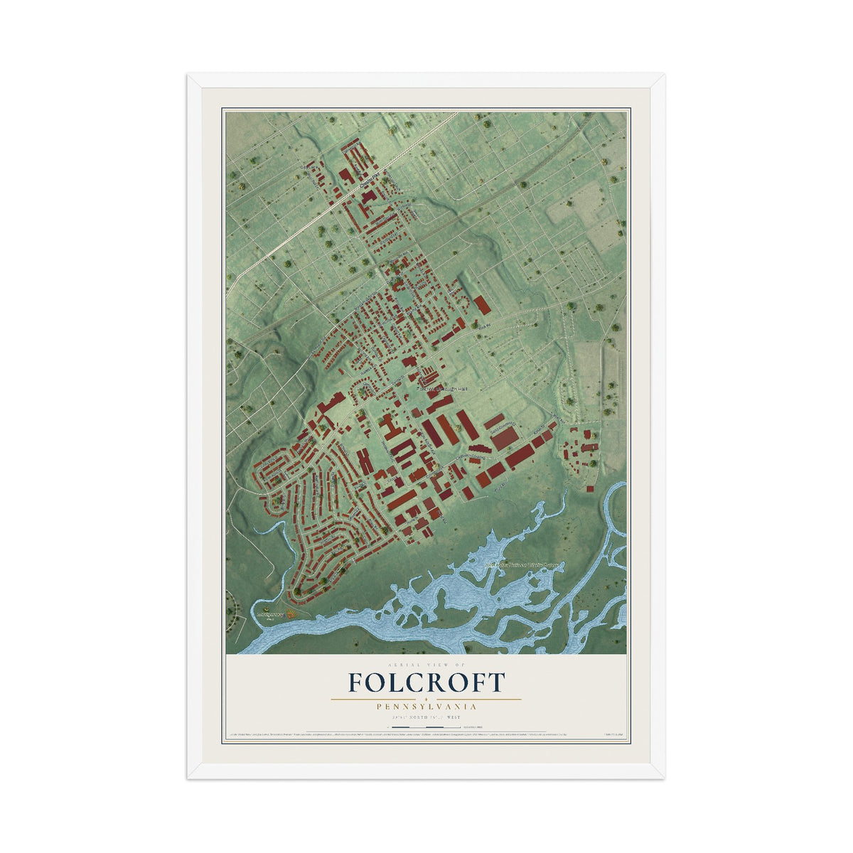 Map of Folcroft, Pennsylvania, 12 x 18 inch print in a white wood frame