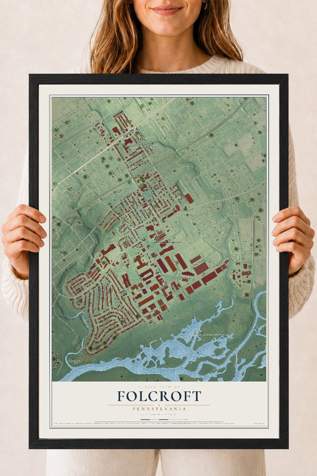 Map of Folcroft, Pennsylvania, 18 x 24 inch print in a black wood frame