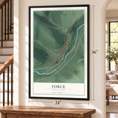 Force, Pennsylvania map, 24 x 36 inch print in a black frame by a staircase