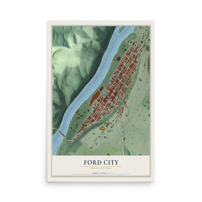 Map of Ford City, Pennsylvania, 12 x 18 inch unframed archival matte print