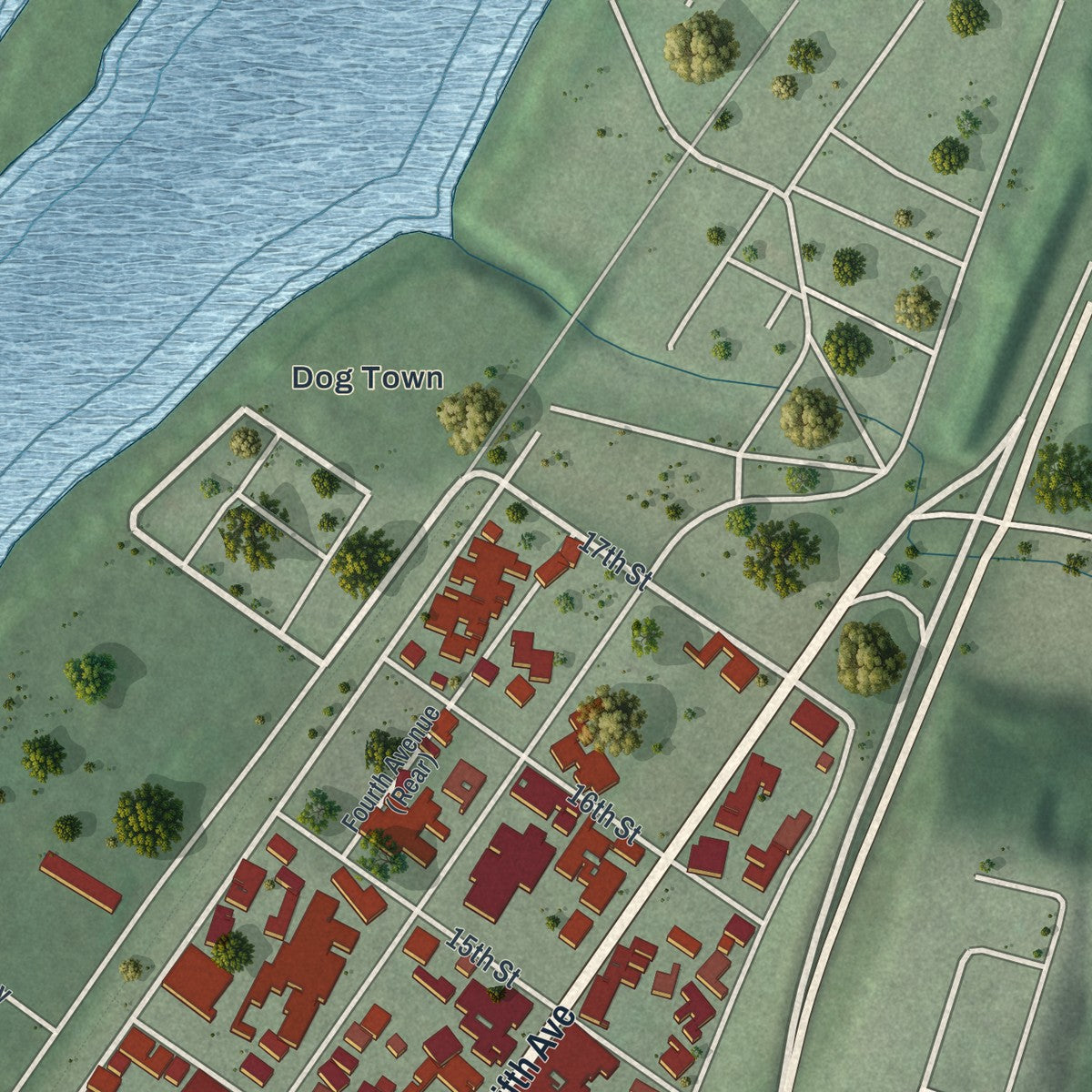 Second close-up of the map of Ford City, Pennsylvania print showing more streets and buildings