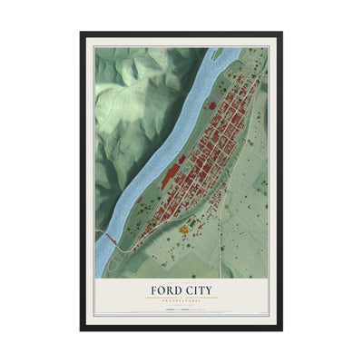 Map of Ford City, Pennsylvania, 12 x 18 inch print in a black wood frame