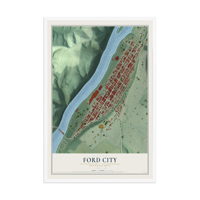 Map of Ford City, Pennsylvania, 12 x 18 inch print in a white wood frame