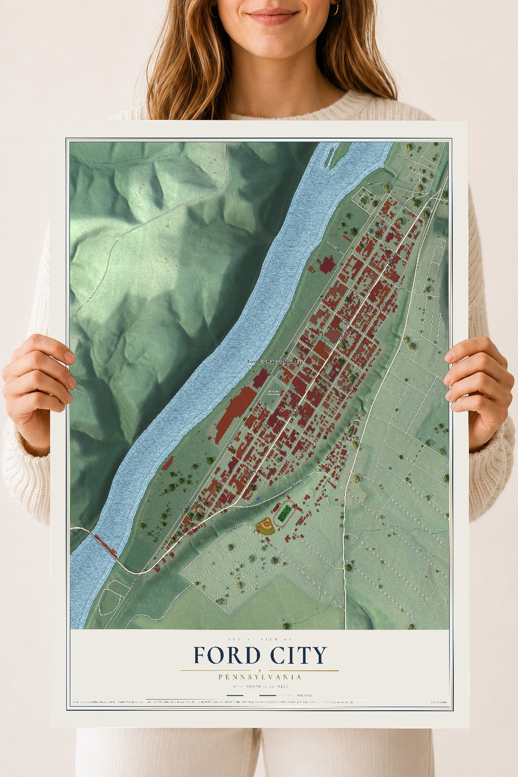 Map of Ford City, Pennsylvania, 18 x 24 inch unframed archival matte print