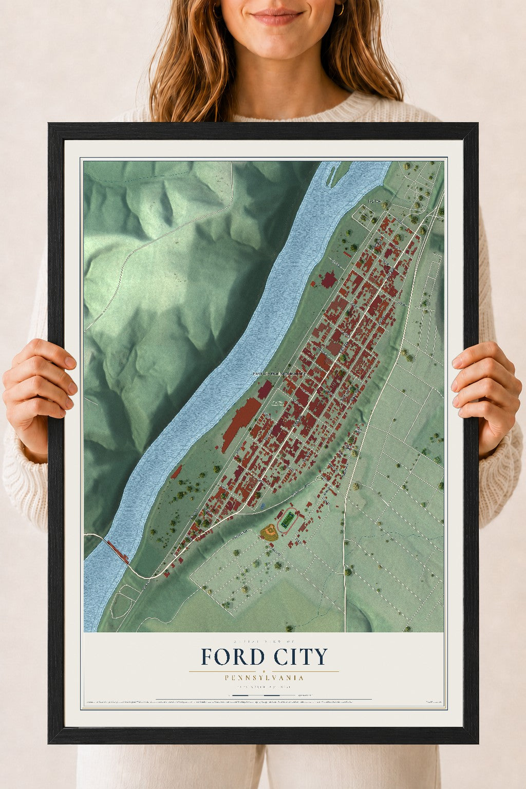 Map of Ford City, Pennsylvania, 18 x 24 inch print in a black wood frame