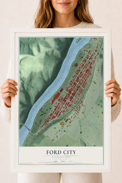 Map of Ford City, Pennsylvania, 18 x 24 inch print in a white wood frame
