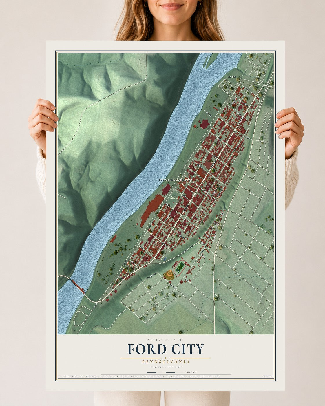 Map of Ford City, Pennsylvania, 24 x 36 inch unframed archival matte print