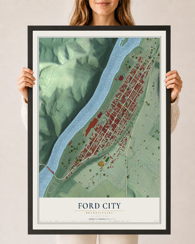 Map of Ford City, Pennsylvania, 24 x 36 inch print in a black wood frame